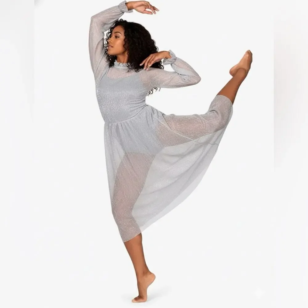 Double Platinum Silver Glitter sheer Mesh Long Sleeve Lyrical Dance Dress NWT